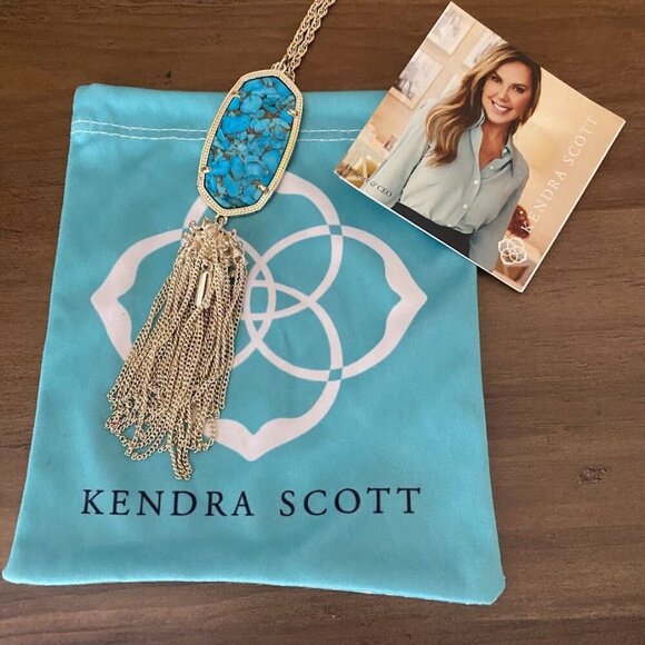 Kendra Scott Rayne Necklace Bronze Veined Turquoise Yellow Gold - Picture 4 of 5